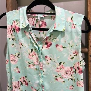 Floral Sleeveless Blouse - Mint Green and Pink
